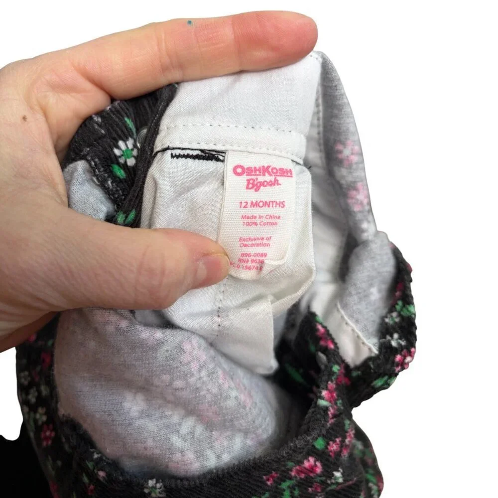 OshKosh B'Gosh Overalls Girls 12 months Corduroy Floral Flowers Pink Tag